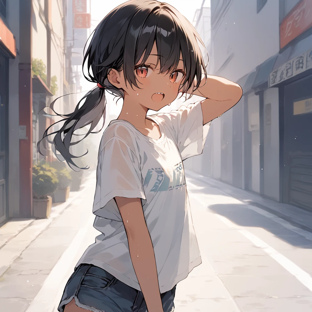score_9, score_8_up, score_7_up, source_anime, best quality, masterpiece, official art, absurdres, highres, ultra-detailed,waifu2x,Collection: Slice of Life,break,1girl, tomboy, dark-skinned female, short hair, low ponytail, flat chest,  beautiful detailed eyes, short shorts, sweat, open mouth, (yawn:0.3), sleepily, outdoors, wind, break,(clear line illustration:1.2),very high resolution, very aesthetic, super detailed skin, Best sexual lighting powered by famous artist, 8k,cute picture,beauty illustration,photoshop_(medium),,(Detailed Lighting),best anime 8k konachan wallpaper, pixiv contest winner, 
