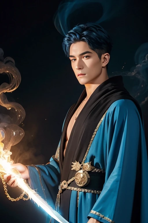 Masterpiece, top quality, blue hair, blue lightning, pointing the finger at yourself. Magic. Another world. Blue smoke billows. Handsome. Handsome man. Cool. A man in his 20s. Eyes that glow blue. Blue thunder. Suit. Airborne particles. Cloak. Necklace. Robe of feathers. A large sword with a blue pattern. Gold feather robe. Gold crown with diamonds. God.