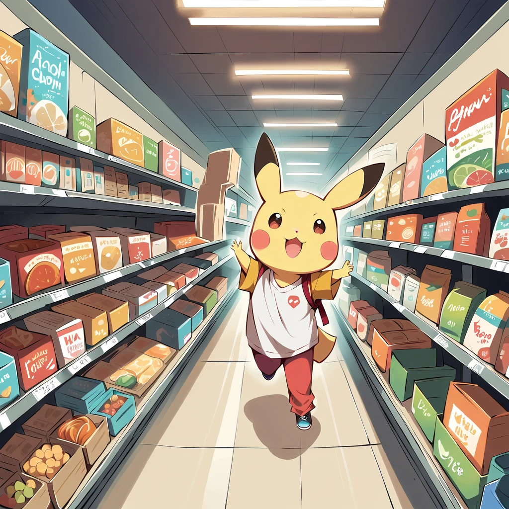cute scene of Pikachu shopping at a grocery store. Pikachu should be pushing a small shopping cart filled with fruits, vegetables, and snacks. Include aisles with shelves stocked with various products and a friendly store clerk in the background. The atmosphere should be lively and fun