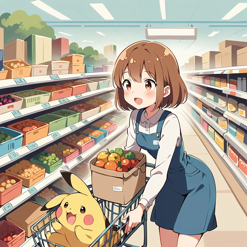 cute scene of Pikachu shopping at a grocery store. Pikachu should be pushing a small shopping cart filled with fruits, vegetables, and snacks. Include aisles with shelves stocked with various products and a friendly store clerk in the background. The atmosphere should be lively and fun