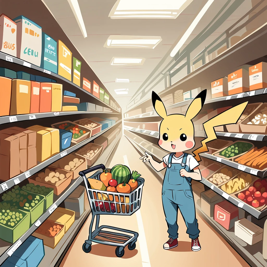 cute scene of Pikachu shopping at a grocery store. Pikachu should be pushing a small shopping cart filled with fruits, vegetables, and snacks. Include aisles with shelves stocked with various products and a friendly store clerk in the background. The atmosphere should be lively and fun