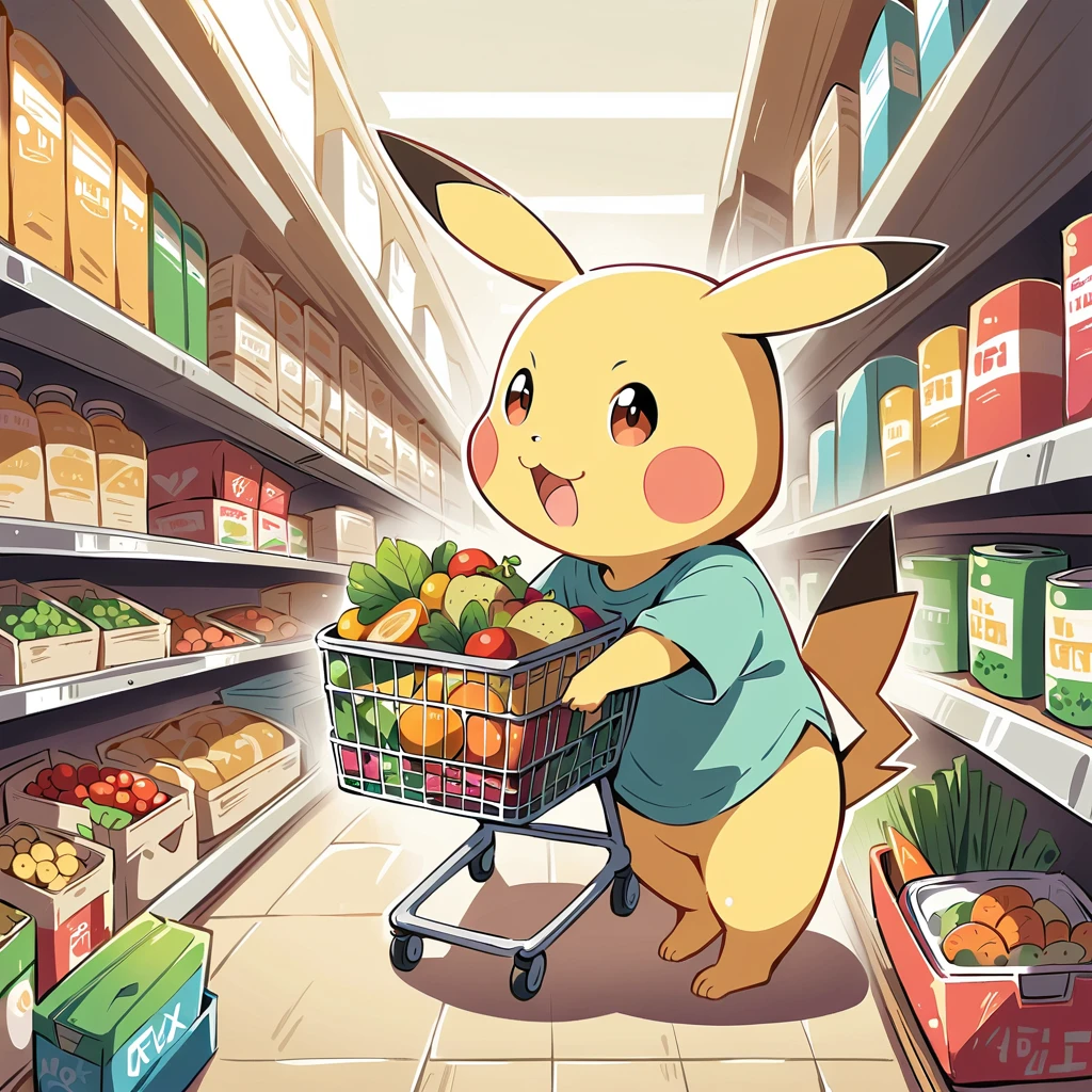 cute scene of Pikachu shopping at a grocery store. Pikachu should be pushing a small shopping cart filled with fruits, vegetables, and snacks. Include aisles with shelves stocked with various products and a friendly store clerk in the background. The atmosphere should be lively and fun