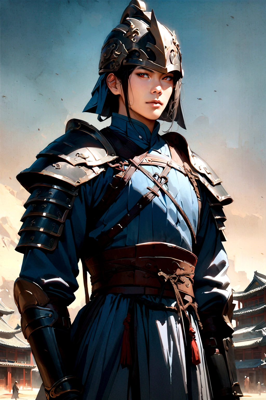 25 year old Chinese man,middle aged man,realistic,chinese_Armor,alone,Background of ancient chinese cities,detailed_eye,shoulder_Armor,helmet,(검은 eye),looking at viewer,(masterpiece:1.2), (best quality:1.2), perfect eye, perfect face, perfect lighting, (8K),(complete anatomy), Nee Shot