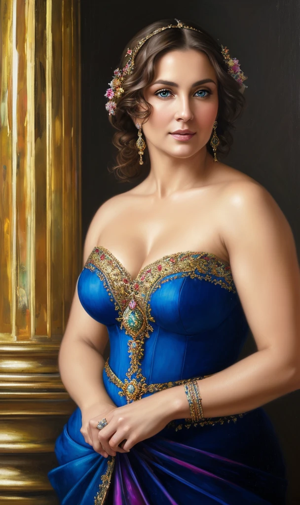 portrait, extremely gorgeous, 45 years old Woman, middle ages, thick figure, classicism, andrey atroshenko style, painting, pierced eyes, beautifully styled hair, traditional media, realistic, figurative, fine art, oil on canvas, HDR, 8K, original character, high resolution, vivid colours, high detail, focus on the face, beautiful eyes