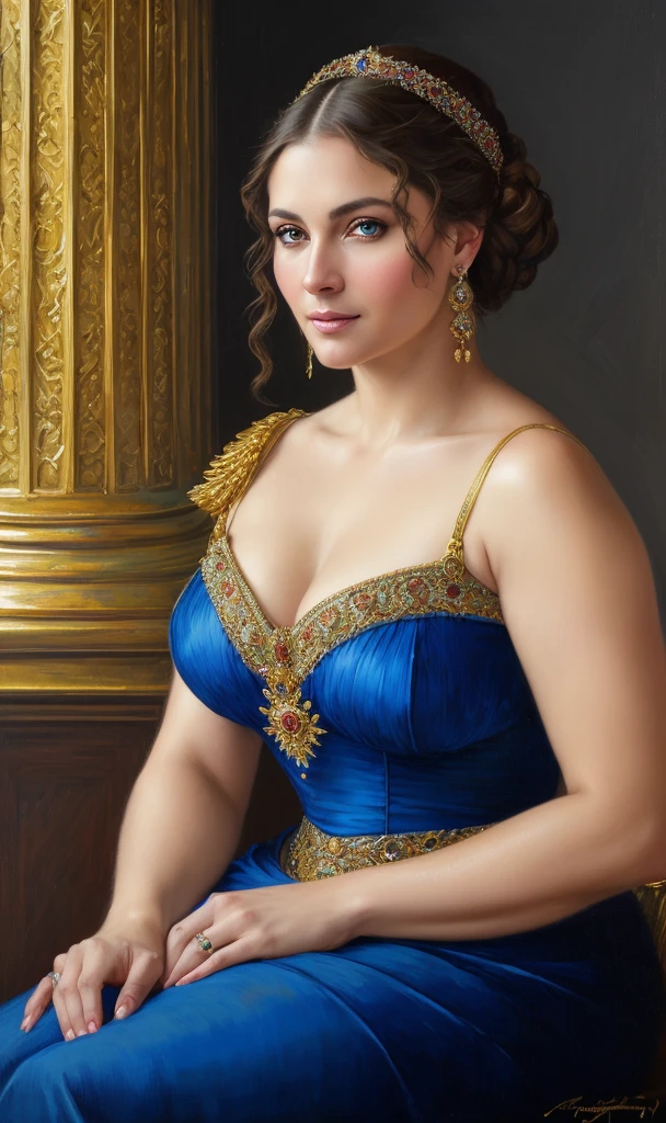 portrait, extremely gorgeous, 45 years old Woman, middle ages, thick figure, classicism, andrey atroshenko style, painting, pierced eyes, beautifully styled hair, traditional media, realistic, figurative, fine art, oil on canvas, HDR, 8K, original character, high resolution, vivid colours, high detail, focus on the face, beautiful eyes 