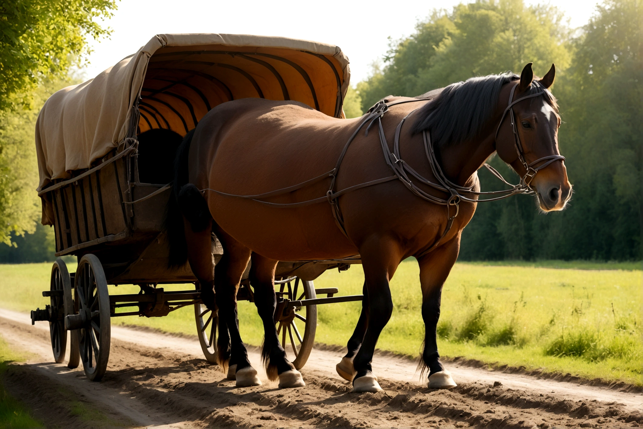complete side view of horse. a big fat Ardennes horse with big bum. pulling open wagon. nude BBW woman driving wagon. very dark skinned. very short hair. dung pile under horse bum. raised tail.