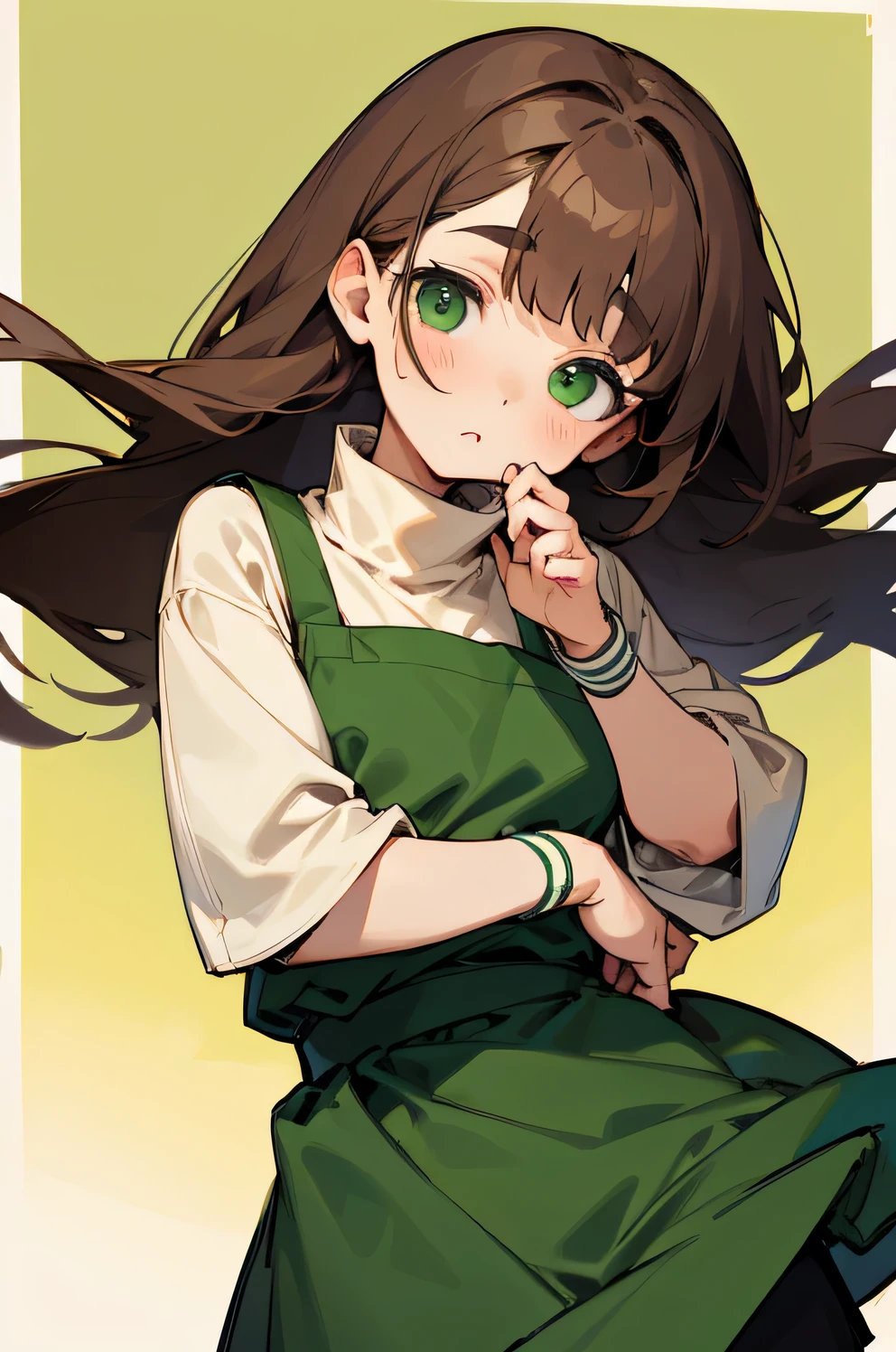 woman、fat、Brown Hair、Long Hair、Green eyes、Droopy eyes、Beige turtleneck、Black Skirt、Green apron