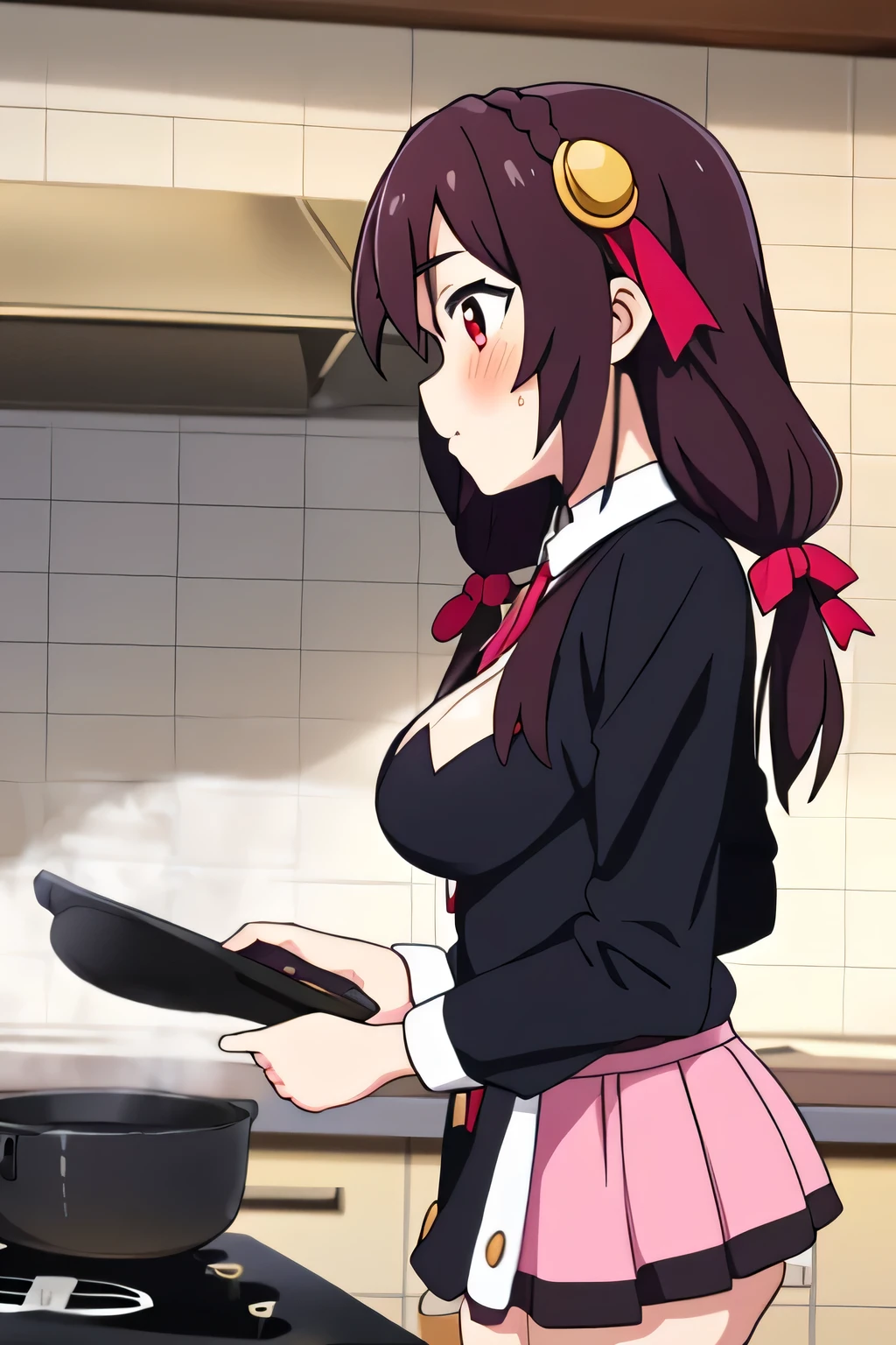 (masterpiece, Highest quality), One girl, Yunyun,Long Hair,Braiding,Twin tails,Hair between the eyes,Red hair ribbon,hair ornaments,large round breasts,、Pink Skirt、Black Hair、Red Eyes、(A face that is trying hard:1.2)、Cooking in the kitchen、Crown Blade,Black Shirt, Long sleeve,Pink tie, belt, Cleavage cutout、cowboy shot、(blush)、Side view