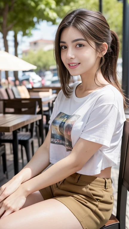 (RAW Photos), (Realistic), (masterpiece), (Highest quality), High resolution, 8K,(Volumetric Light),  woman, Age 25, Short Ponytail, Straight hair, Layered Hair, Brown Hair, Very beautiful eyes, Source order, Very thin eyebrows, Very fine skin, Very beautiful mouth, Very nice nose, Cute like an idol,A smile showing white teeth, (Thick lips), (Looking at the audience), (Printed T-shirts,Cotton shorts),( Sitting on a chair in an outdoor cafe drinking juice),(From the whole body to the toes:1.3),(Side Shot),(Cowboy Shot),(Natural pose),(Bold Pose),Put your right hand on your knee,(drink juice with left hand),(Side view:1.3),