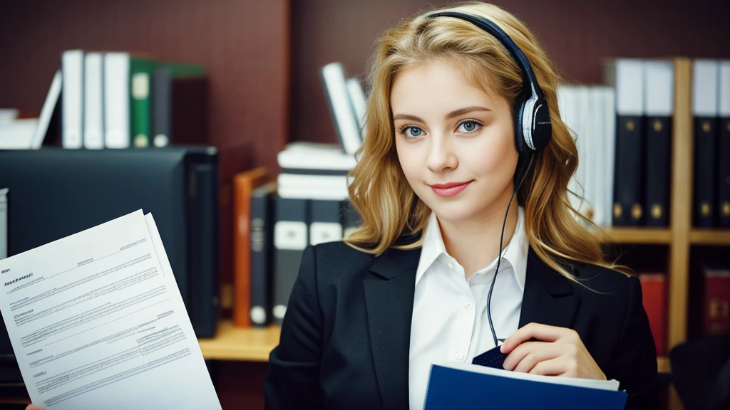 Beautiful blonde with big breasts in a black suit (Holding documents in the office late at night),Wearing headphones,Very detailed, 21 years old, Innocent face, Naturally Wavy Hair, blue eyes, High resolution, masterpiece, Highest quality, Intricate details, Very detailed, Clear focus, Delicate skin, practical skin texture, texture, Delicate eyes, Professional, 4K, Cute Smile, Shot with Canon, 85mm, Shallow and deep, Kodak Vision Color, Exactly, Very detailed, photograph_\(Extremist\), photographpractical, practical, Post-processing, Maximum details, Roughness, Real Life, Extremist practical, Photorealism, photographgraphy, 8K Ultra HD, photographgraphy