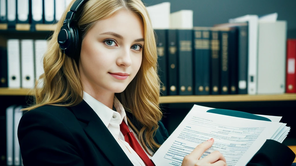 Beautiful blonde with big breasts in a black suit (Holding documents in the office late at night),Wearing headphones,Very detailed, 21 years old, Innocent face, Naturally Wavy Hair, blue eyes, High resolution, masterpiece, Highest quality, Intricate details, Very detailed, Clear focus, Delicate skin, practical skin texture, texture, Delicate eyes, Professional, 4K, Cute Smile, Shot with Canon, 85mm, Shallow and deep, Kodak Vision Color, Exactly, Very detailed, photograph_\(Extremist\), photographpractical, practical, Post-processing, Maximum details, Roughness, Real Life, Extremist practical, Photorealism, photographgraphy, 8K Ultra HD, photographgraphy