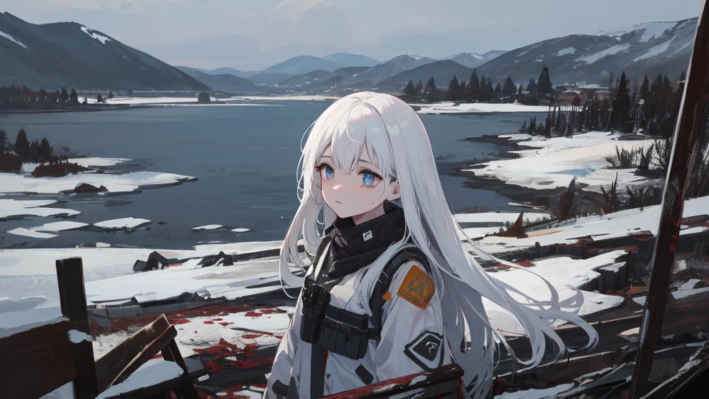 masterpiece:1.2), best quality , 独奏 ,pixiv, anime girl ，long straight white hair , black eyes ,Wearing off-white camouflage uniform ,ten years old，battlefield，(Eyes looking into the distance:1.3)，(look away:1.5)，snowy weather，dirty face，The background is a military airport with snow and wind.，blood on forehead，dirty face，Background mixed with metal fragments:1.2，Backlight，Black lake in the background，Bare rocky peaks , Scrap metal on the snow，The expression is sad