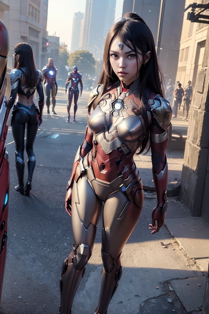 ((masterpiece, 8K, 3D, Realistic, Super Detail)), (1girl:1.3), slender 16 age, Ultra Micro photography, Gal-Gadot Super realistic, Perfect face, 16K resolution, 4k resolution, The photo was taken from the Front, facing to the photographer, Foreground photo, dynamic lighting, posing on a pedestal, high-definition resolution, Beautiful features, ((Perfect female Model Slim body)) Beautiful features, Standing pose, ((small hip)), (((2 piece Iron man Hotpants-Bikini))), Sci-fi futuristic, ((Iron man armor)) ((bionic Fragmented Spider man chest armor suit)), ((Exposed slim thighs)), wear mesh metal-stockings, ((slim thighs)), ((bionic Slim thighs Spider man armor)), Front Full body Shot, full body portrait, perfect legs, Iron Man shoes, futuristic city background