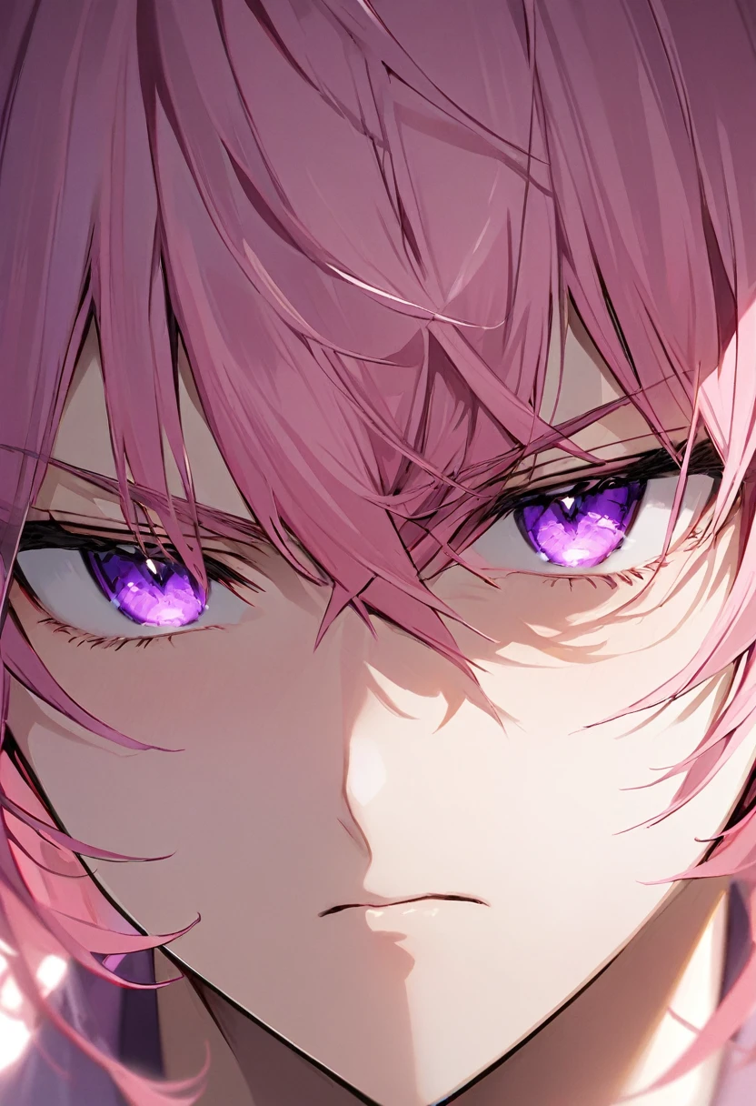 Pink hair long。Purple eyes。Face facing down to the right。His eyes are glaring at me。