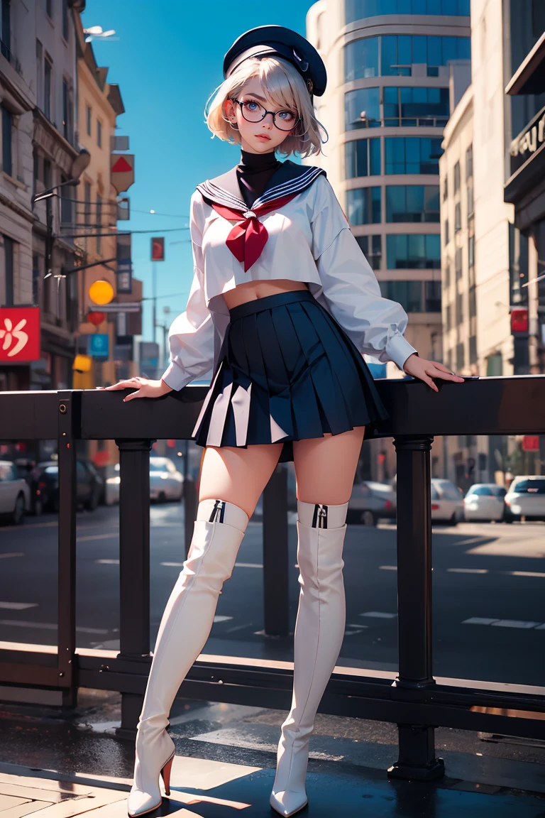 Best quality, Masterpiece, white thighboots, pleated skirt, sailor uniform, beret, glasses, short hair, medium breasts, cleavage, full body, city, high heels boots, navel