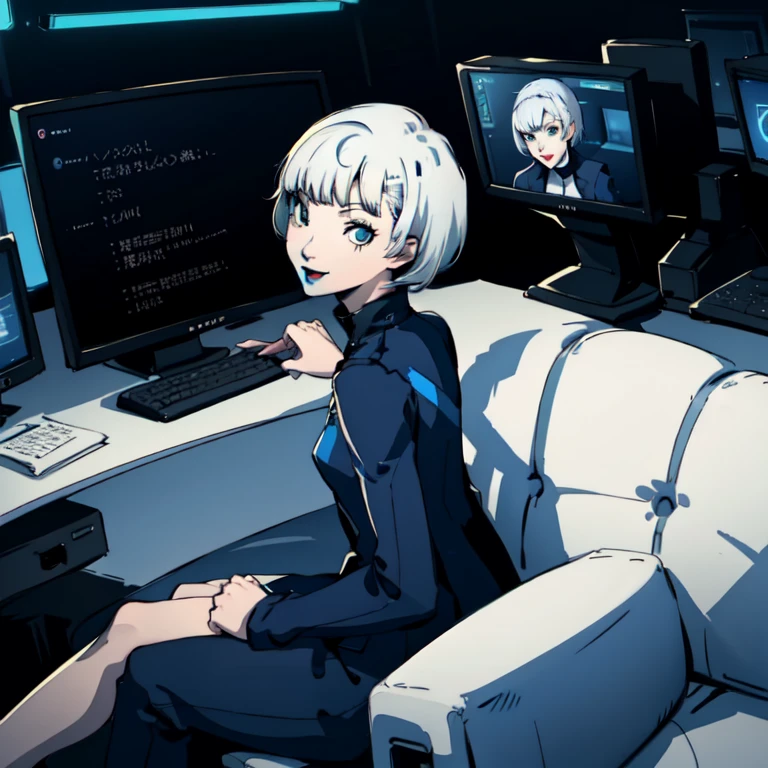 masterpiece, ((best quality)),((1 girl)), blue eyes, black lipstick, white hair, female , tomboy Pixie haircut, deep blue suit, white hair, white hair,smiling,hacker,in the,dark room,sitting,looking monitor,cute