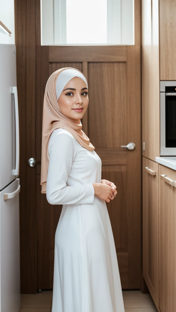 RAW, Best quality, high resolution, (masterpiece: 1.3), cute woman, Masterpiece, cute face, bright skin, fair skin, cute eyes, light make up, standing in a kitchen, feminine gesture, serene expression, body facing viewer, looking to viewer, wearing perfect hijab, white muslim dress, pretty dress, white slippers, beautiful in cute pastel shades, at noon, Great lighting, great sunlight, Bright colors, Ultra realistic clean lines, very realistic