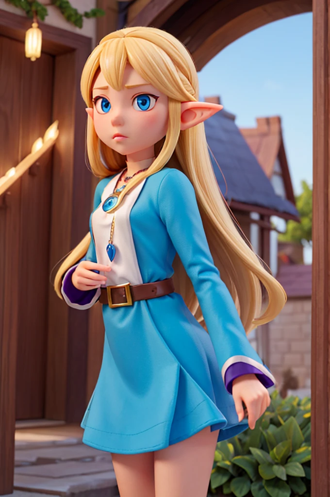 a  with long blonde hair and sparkling blue eyes was worried and determined, she has elf ears and a necklace with a purple pendant
