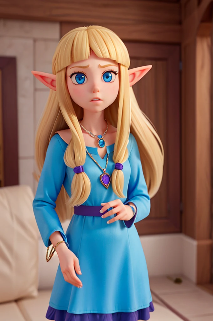 a  with long blonde hair and sparkling blue eyes was worried and determined, she has elf ears and a necklace with a purple pendant