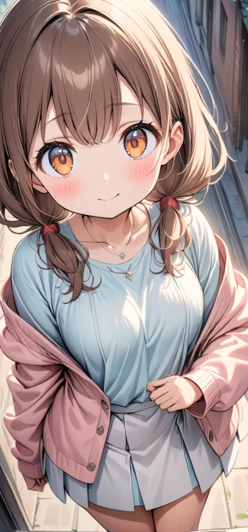 (Pastel color:1.3), (child:1.2), beautiful illustration, (perfect lighting, natural lighting), beautiful detailed hair, beautiful detailed face, beautiful detailed eyes, beautiful clavicle, beautiful body, beautiful chest, beautiful thigh, beautiful legs, beautiful hands, cute and symmetrical face, shiny skin, (detailed cloth texture:1.2), necklace, (white satin bra peek:1.3), (white satin pantie peek:1.3), (pink satin pantie:1.3),(beautiful scenery), (lovely smile, upper eyes), (dimple:1.5), (ultra illustrated style:1.3), (ultra detailed pantie:1.5), (beautiful faces detailed, real human skin:1.2), (((Pink Cardigan, Open cardigan, Light Blue T-Shirt, White pencil skirt, mini skirt))), (bra shot:1.3), (pantie shot:1.3), (perspiring:1.5), (embarrassed, blush:1.3), (1 girl:1.4), (9 years old, height 1.2meters, chubby 28kg, tareme:1.3), (orange eyes with a hint of pink:1.3), (dark brown hair:1.7), (straight hair:1.7), (low twintails:1.7), (red hair tie:1.7), (large and soft breasts:1.7), (Slender body, Small Ass:1.7), small nipples, fair skin, (blue hairclip), (Droopy eyes:1.2), (street:1.3), (dynamic angle, sexypose:1.4), side view, (from bellow:1.0), (from above:1.3), elicate details, depth of field, best quality, anatomically correct, high details, HD, 8k,