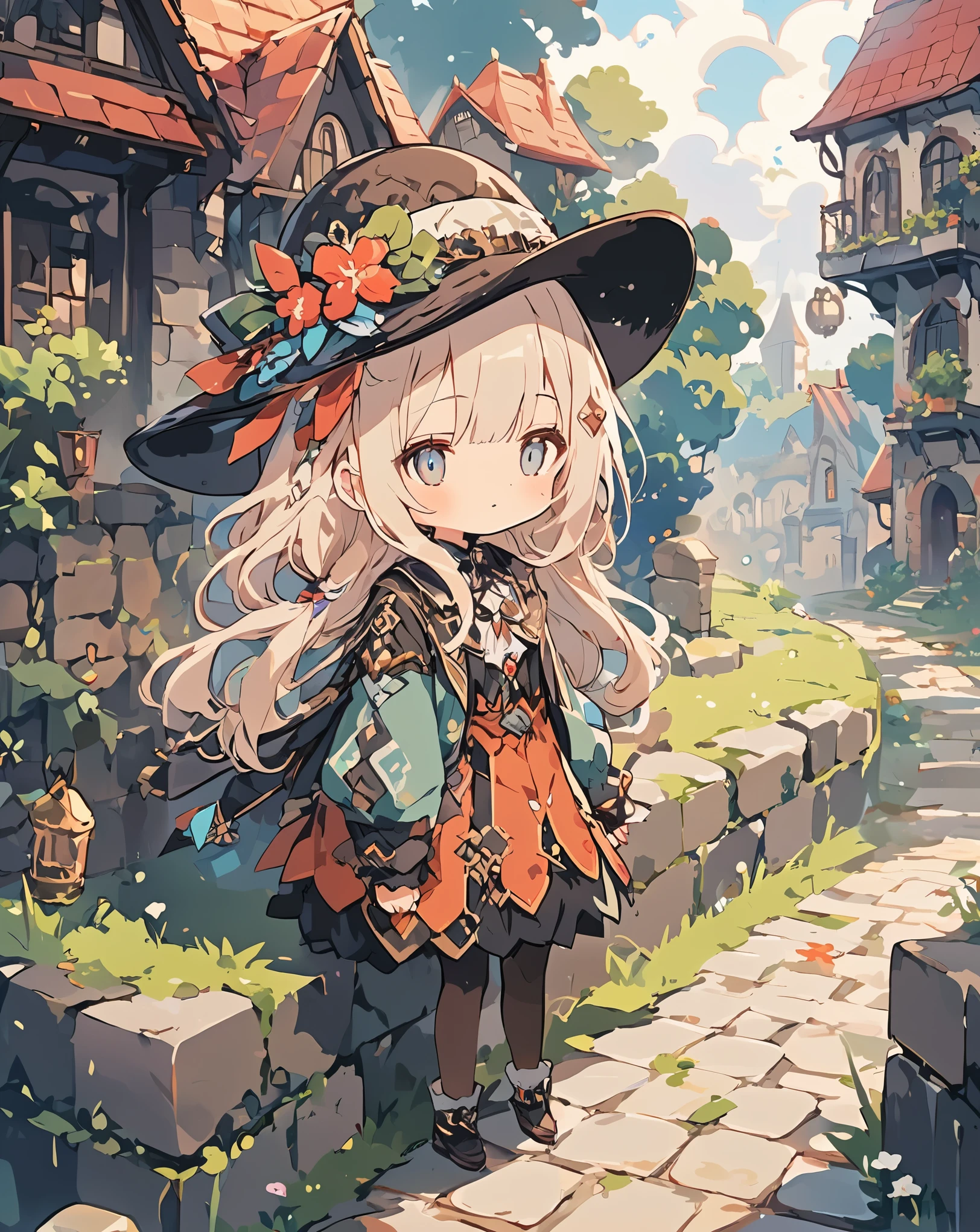 masterpiece, best quality, ultra detailed, very aesthetic, 1girl、Different world、Girl in a hat、cute、Different world outfit、Grass grows on both sides of the cobblestones_There is a brick building in the back１item,アニメ、Pale colors、クローズアップ