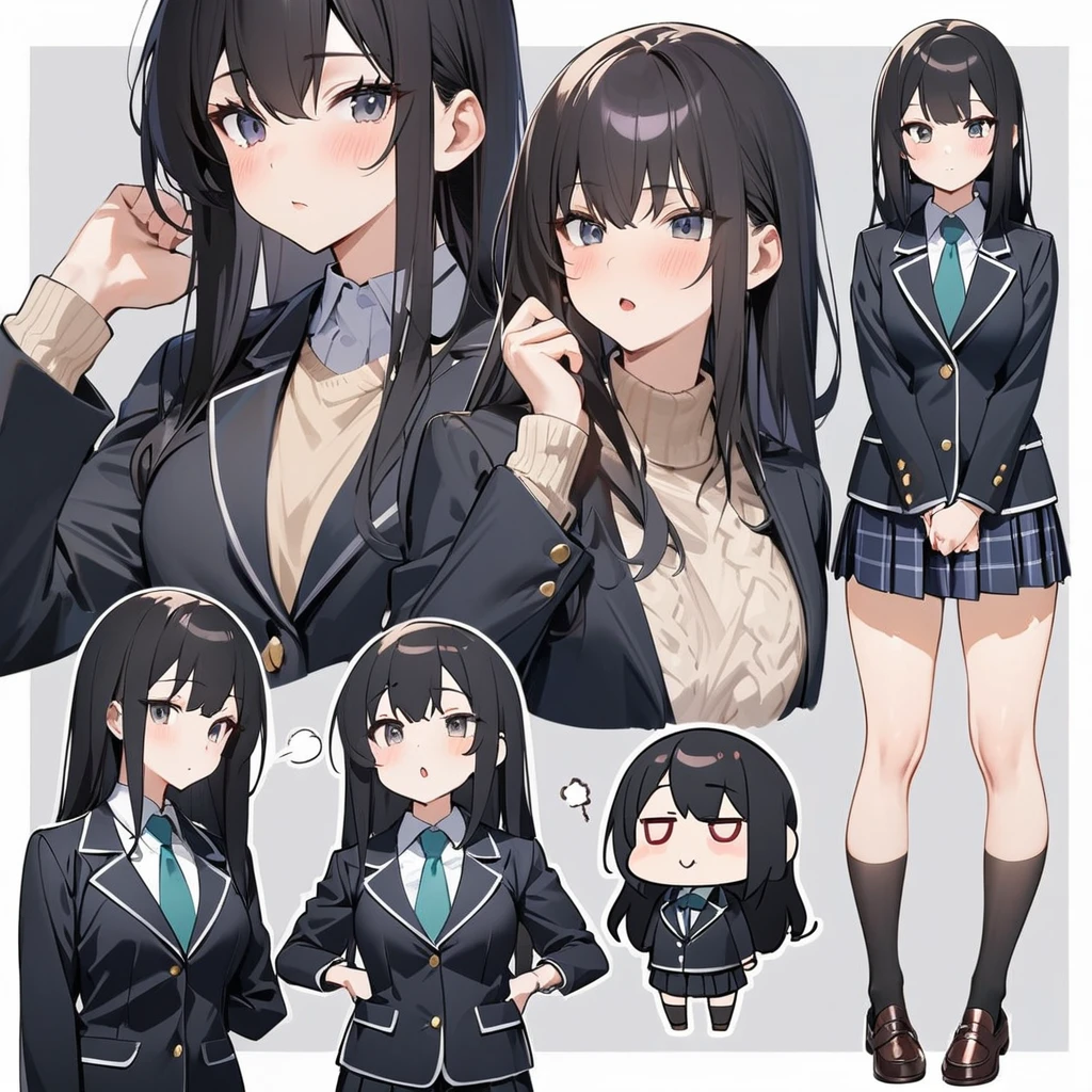 Sweater, blazer,uniform, Black Hair Long Hair, high school girl, Best quality,Little Man, Little, Chibi, Mastepiece, Best Quality, three views, Standing picture, Esbian all over, loafers, Black socks