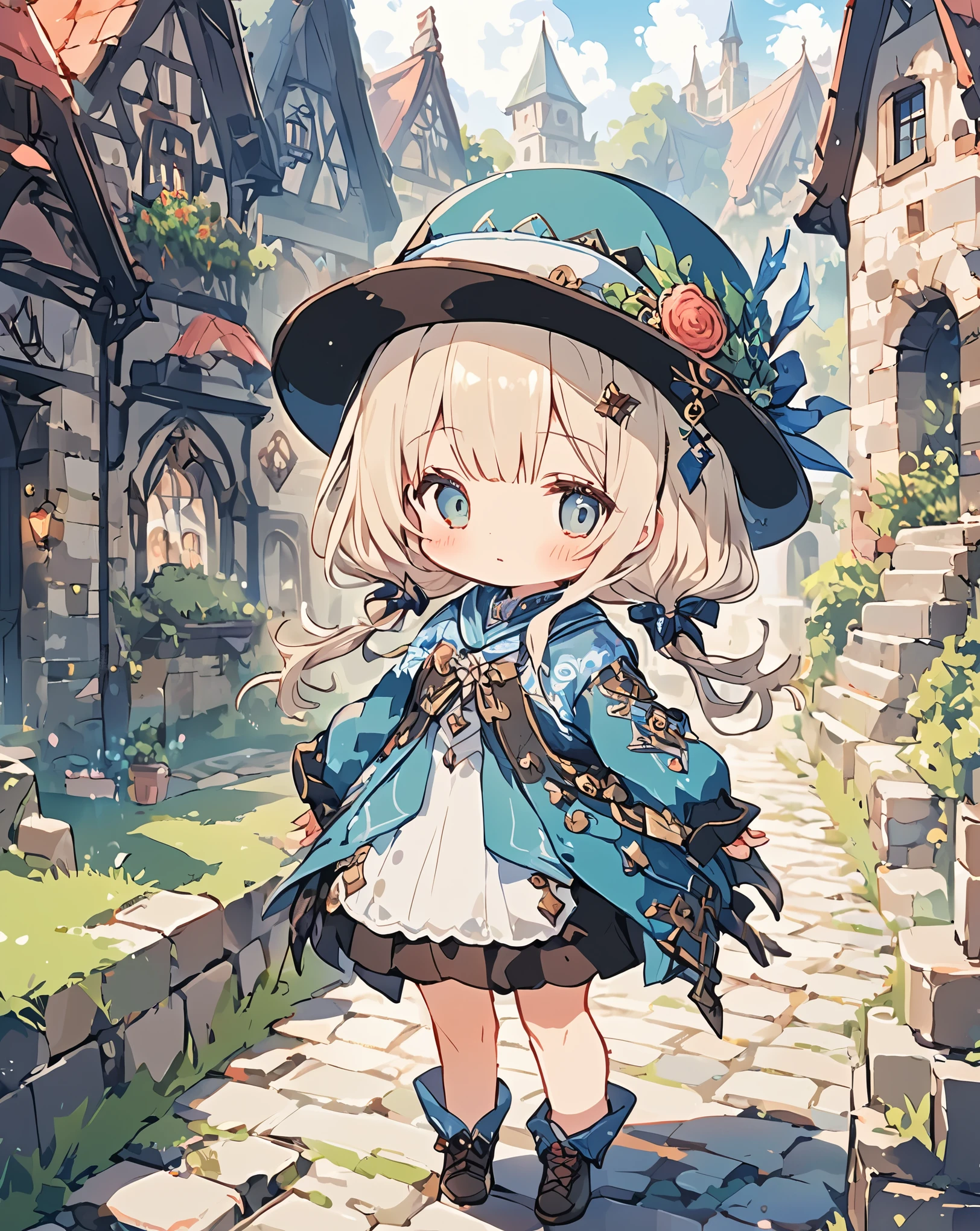 masterpiece, best quality, ultra detailed, very aesthetic, 1girl、Different world、Girl in a hat、cute、Different world outfit、Grass grows on both sides of the cobblestones_There is a brick building in the back１item,アニメ、Pale colors、クローズアップ