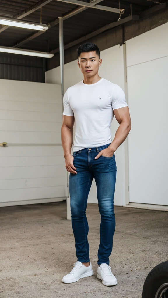 RAW, Best quality, high resolution, (masterpiece: 1.3), full body image, muscular asian young woman in shirt, jeans, shoes, Masterpiece, young man face, cute man face, cleanshaven, bright skin, rough skin, fierce eyes, soft smile, standing in a garage, masculine gesture, strong expression, body facing viewer, looking to viewer, at noon, Great lighting, great sunlight, Bright colors, Ultra realistic clean lines, very realistic