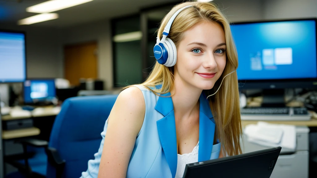 Beautiful blonde with large breasts in a blue suit (Working on a computer in the office late at night),Wearing headphones,Very detailed, 21 years old, Innocent face, Naturally Wavy Hair, blue eyes, High resolution, masterpiece, Highest quality, Intricate details, Very detailed, Clear focus, Delicate skin, practical skin texture, texture, Delicate eyes, Professional, 4K, Cute Smile, Shot with Canon, 85mm, Shallow and deep, Kodak Vision Color, Exactly, Very detailed, photograph_\(Extremist\), photographpractical, practical, Post-processing, Maximum details, Roughness, Real Life, Extremist practical, Photorealism, photographgraphy, 8K Ultra HD, photographgraphy