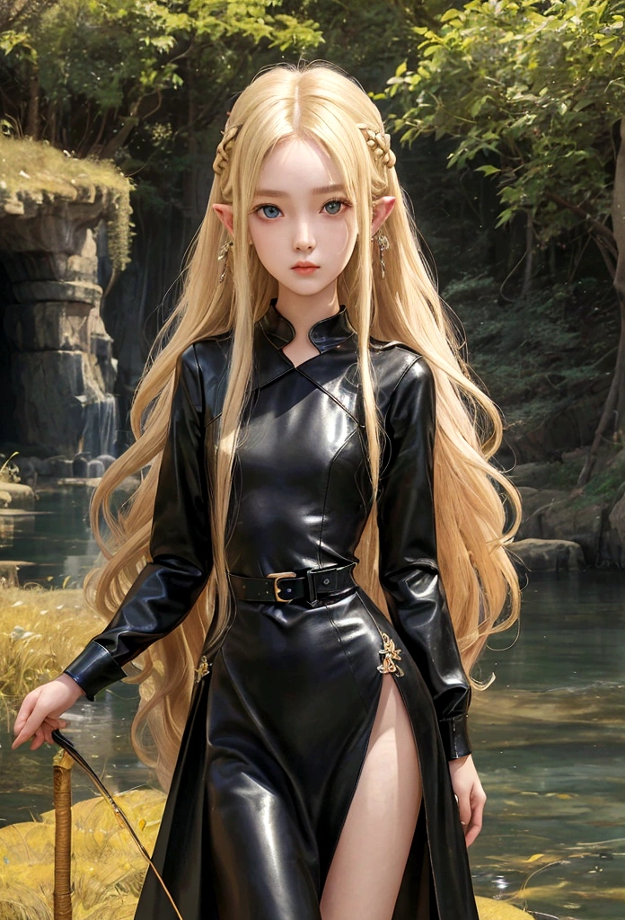 (masterpiece, Highest quality, Highest quality, Official Art, Beautiful blonde、wavy long hair、 Silky Skin、Fishing eyes、long pointed ears、girl、15 years old、Thin arms、Small breasts、Slender upper body、Tight waist、Small hips、Thin thighs、Slim lower body、Black leather belted dress、ruins、Cowboy Shot、Full Body Shot、Dancing