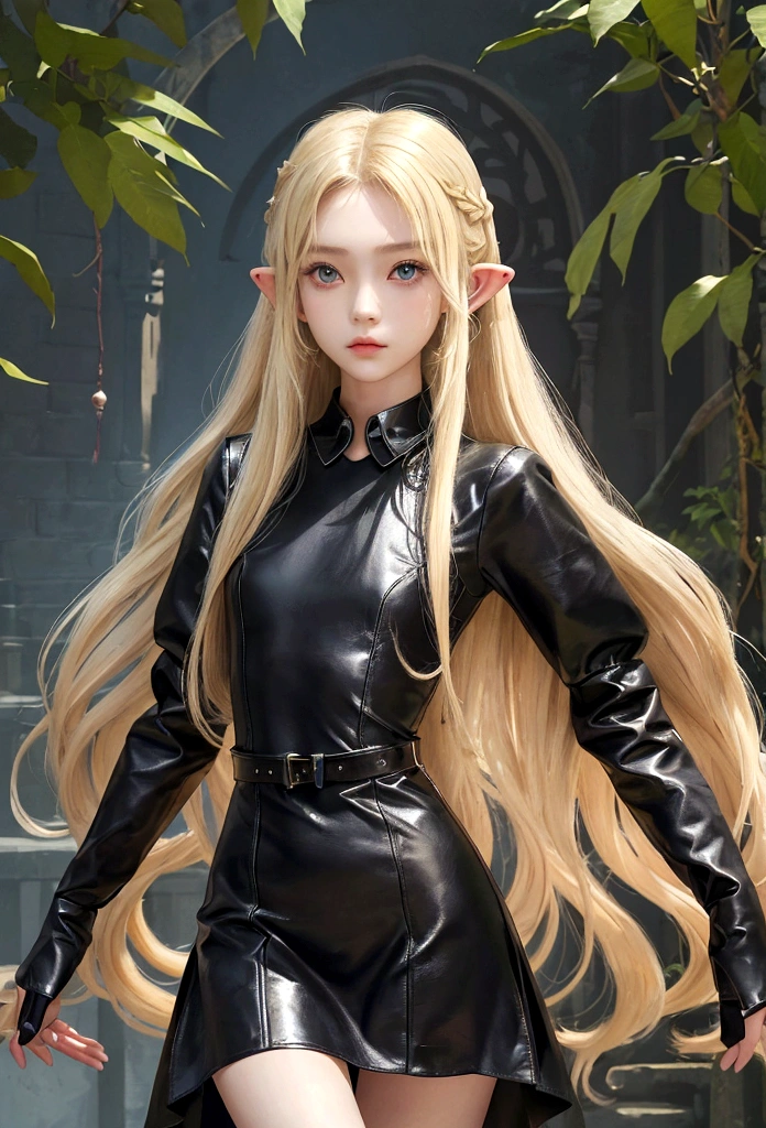 (masterpiece, Highest quality, Highest quality, Official Art, Beautiful blonde、wavy long hair、 Silky Skin、Fishing eyes、long pointed ears、girl、15 years old、Thin arms、Small breasts、Slender upper body、Tight waist、Small hips、Thin thighs、Slim lower body、Black leather belted dress、ruins、Cowboy Shot、Full Body Shot、Dancing