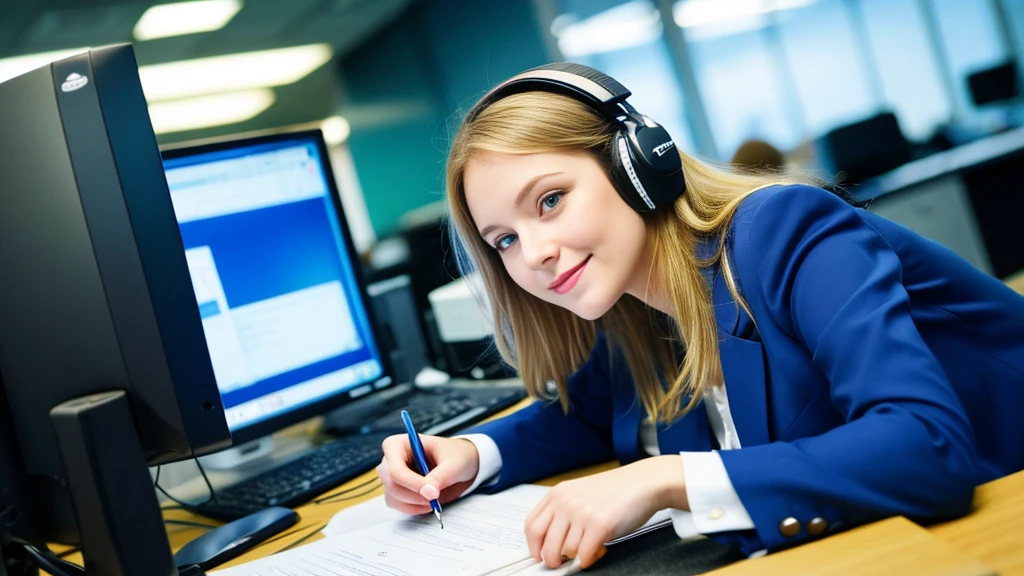 Beautiful blonde with large breasts in a blue suit (Working on a computer in the office late at night),Wearing headphones,Very detailed, 21 years old, Innocent face, Naturally Wavy Hair, blue eyes, High resolution, masterpiece, Highest quality, Intricate details, Very detailed, Clear focus, Delicate skin, practical skin texture, texture, Delicate eyes, Professional, 4K, Cute Smile, Shot with Canon, 85mm, Shallow and deep, Kodak Vision Color, Exactly, Very detailed, photograph_\(Extremist\), photographpractical, practical, Post-processing, Maximum details, Roughness, Real Life, Extremist practical, Photorealism, photographgraphy, 8K Ultra HD, photographgraphy