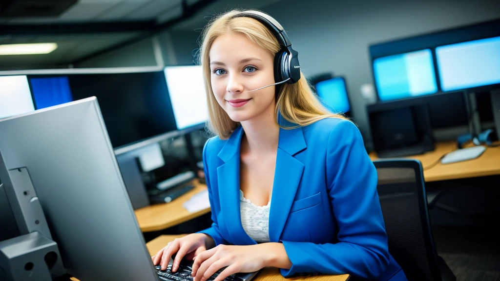 Beautiful blonde with large breasts in a blue suit (Working on a computer in the office late at night),Wearing headphones,Very detailed, 21 years old, Innocent face, Naturally Wavy Hair, blue eyes, High resolution, masterpiece, Highest quality, Intricate details, Very detailed, Clear focus, Delicate skin, practical skin texture, texture, Delicate eyes, Professional, 4K, Cute Smile, Shot with Canon, 85mm, Shallow and deep, Kodak Vision Color, Exactly, Very detailed, photograph_\(Extremist\), photographpractical, practical, Post-processing, Maximum details, Roughness, Real Life, Extremist practical, Photorealism, photographgraphy, 8K Ultra HD, photographgraphy