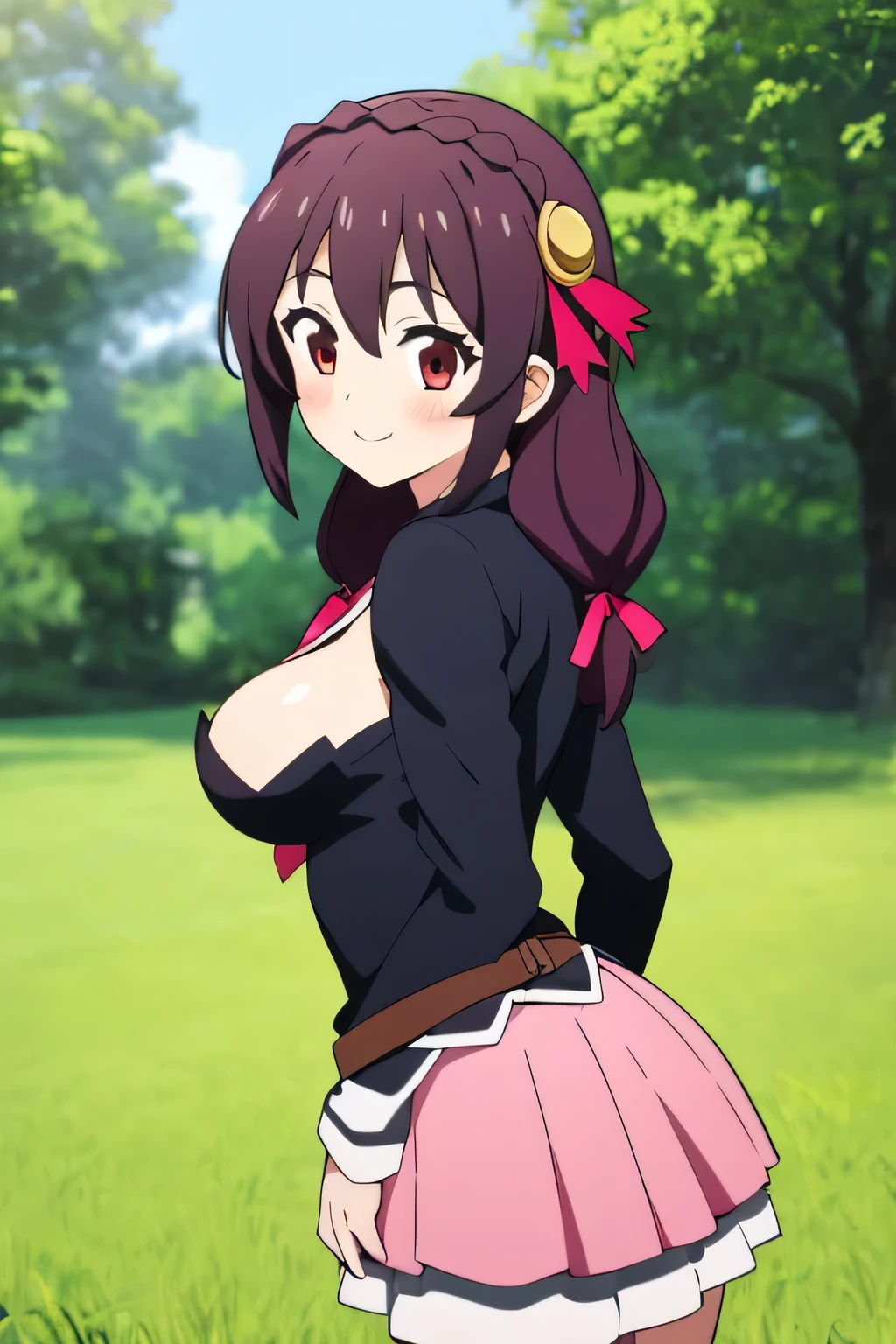 (masterpiece, Highest quality), One girl, Yunyun,Long Hair,Braiding,Twin tails,Hair between the eyes,Red hair ribbon,hair ornaments,large round breasts,、Pink Skirt、Black Hair、Red Eyes、(smile:1.2)、grassland、Crown Blade,Black Shirt, Long sleeve,Pink tie, belt, Cleavage cutout、cowboy shot、(blush)、Young face、Look Back