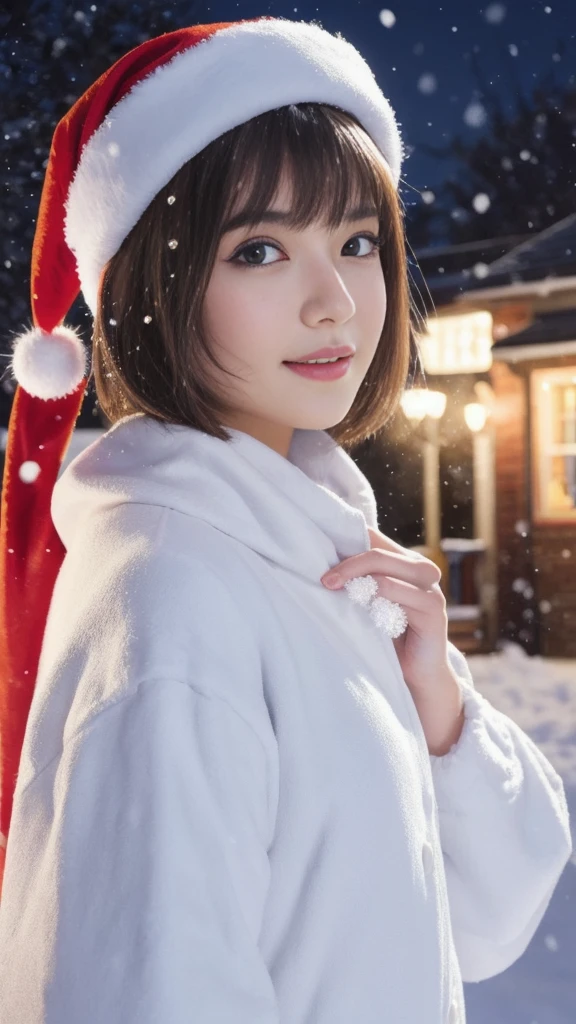 1girl, (santa claus costume slim fit:1.5), symmetry,(Cute ultra young girl:2.0), (slender woman body:1.5), (ultra short hair:1.75), ultra big smile, (Beautiful large round droped detailed eyes:1.5), beautiful detailed lips, (extremely detailed beautiful face, natural makeup, Incredibly beautiful skin:2.0), (best quality,4k,8k,highres,masterpiece:2.0),(ultra-detailed,realistic,photorealistic,photo-realistic:1.75),professional,vivid colors,studio lighting,(snowing night town,christmas eve:1.25)