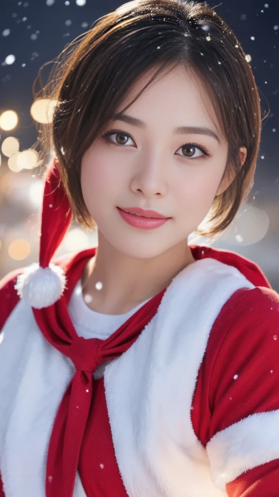 1girl, (santa claus costume slim fit:1.5), symmetry,(Cute ultra young girl:2.0), (slender woman body:1.5), (ultra short hair:1.75), ultra big smile, (Beautiful large round droped detailed eyes:1.5), beautiful detailed lips, (extremely detailed beautiful face, natural makeup, Incredibly beautiful skin:2.0), (best quality,4k,8k,highres,masterpiece:2.0),(ultra-detailed,realistic,photorealistic,photo-realistic:1.75),professional,vivid colors,studio lighting,(snowing night town,christmas eve:1.25)