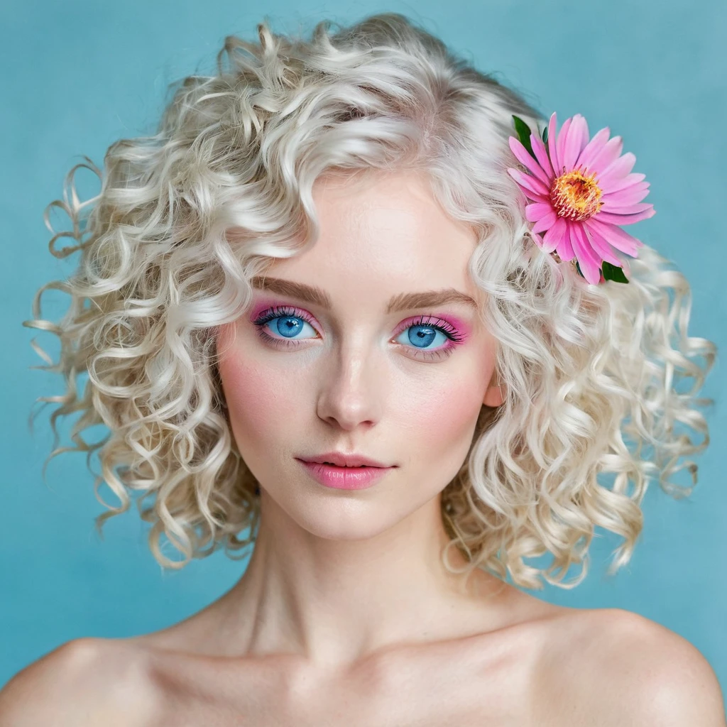 Make a young woman with white skin,thin face ,white curly hair ,natural blue eyes,in her hair there is a pink flower 
