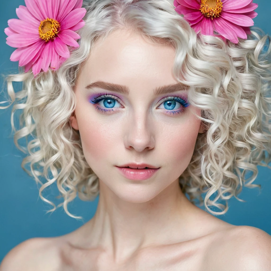 Make a young woman with white skin,thin face ,white curly hair ,natural blue eyes,in her hair there is a pink flower