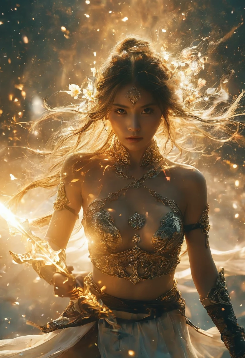Topless photos of female swordsman，Atomic Correct,Raw, Lenses, (Be focused:1.5), (Reality:1.4), Dusk lighting, Volumetric Lighting, Ultra-high resolution, 16K,Dramatic Lighting, White background：1.5），Glowing sword,(Fighting Stance),Hold the hilt of the sword，1 Sword，solitary，（Tangled，Mandala，dispute，Entanglement：0.7） , Depth of Field, Dreamy atmosphere, The most beautiful form of chaos, grace, Dark theme of Fauvist design, Flower of Death, Flowers of ecstasy，Glowing Line,Glow Example，Tracking Example，flash， Backlight，translucent，Light Particles，exit，Xianxia