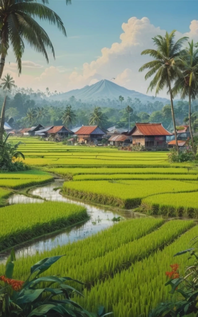 Beautiful Indonesian landscape, paddy rice field by Richard Scarry, (best quality, masterpiece, Representative work, official art, Professional, Ultra intricate detailed, 8k:1.3) 