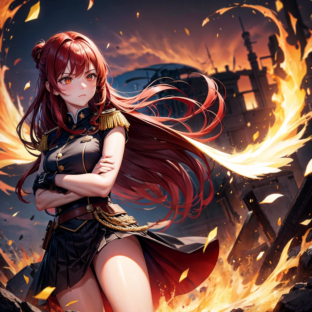 Beautiful woman, 1girl, long hair, red hair, orange eyes, military uniform, black uniform, black skirt, black gloves, crossed arms, fire background
