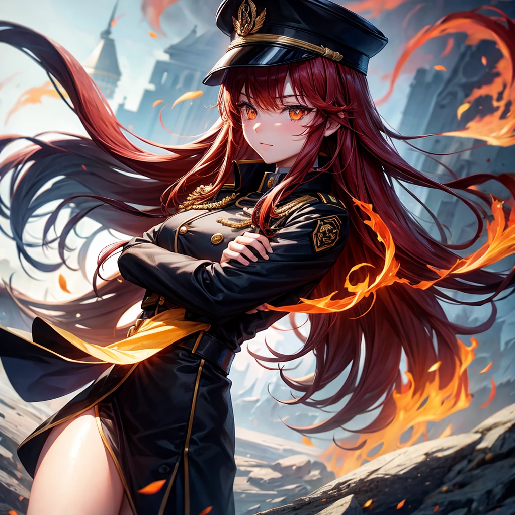 Beautiful woman, 1girl, long hair, red hair, orange eyes, military uniform, black uniform, black skirt, black gloves, crossed arms, fire background
