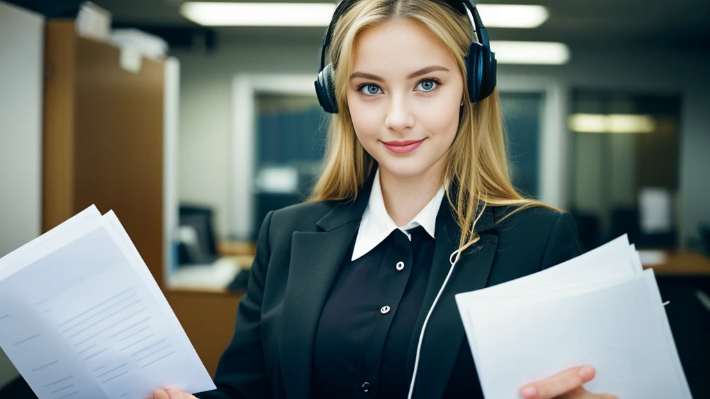 Beautiful blonde with big breasts in a black suit (Holding documents in the office late at night),Wearing headphones,Very detailed, 21 years old, Innocent face, Naturally Wavy Hair, blue eyes, High resolution, masterpiece, Highest quality, Intricate details, Very detailed, Clear focus, Delicate skin, practical skin texture, texture, Delicate eyes, Professional, 4K, Cute Smile, Shot with Canon, 85mm, Shallow and deep, Kodak Vision Color, Exactly, Very detailed, photograph_\(Extremist\), photographpractical, practical, Post-processing, Maximum details, Roughness, Real Life, Extremist practical, Photorealism, photographgraphy, 8K Ultra HD, photographgraphy