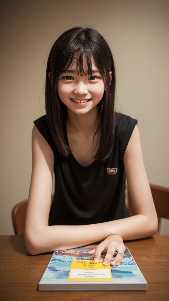 Tabletop, Highest quality, 8K, 10 years old, Teen, RAW Photos, Absurd, Award-winning portrait, smile, alone, Idol's face, Violet, Delicate girl, Upper Body, Digital SLR, View your viewers, Frank, Sophisticated,Thin arms, Professional Lighting, Film Grain, chromatic aberration, (Eye and facial details:1.0), (Bokeh:1.1) , (apron:1.1) , Close your mouth , Hotel Rooms