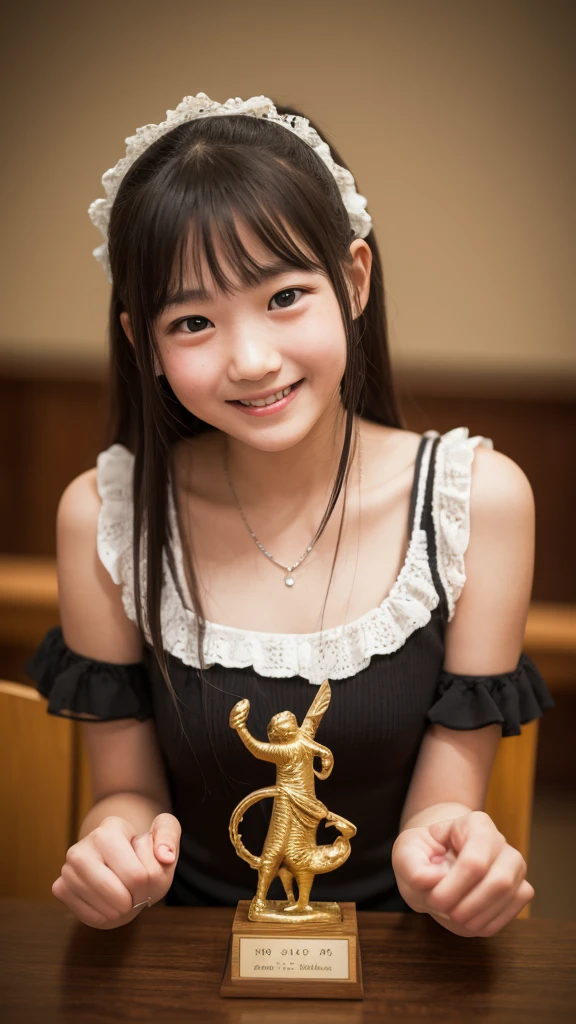 Tabletop, Highest quality, 8K, 10 years old, Teen, RAW Photos, Absurd, Award-winning portrait, smile, alone, Idol's face, Violet, Delicate girl, Upper Body, Digital SLR, View your viewers, Frank, Sophisticated,Thin arms, Professional Lighting, Film Grain, chromatic aberration, (Eye and facial details:1.0), (Bokeh:1.1) , (apron:1.1) , Close your mouth , Hotel Rooms