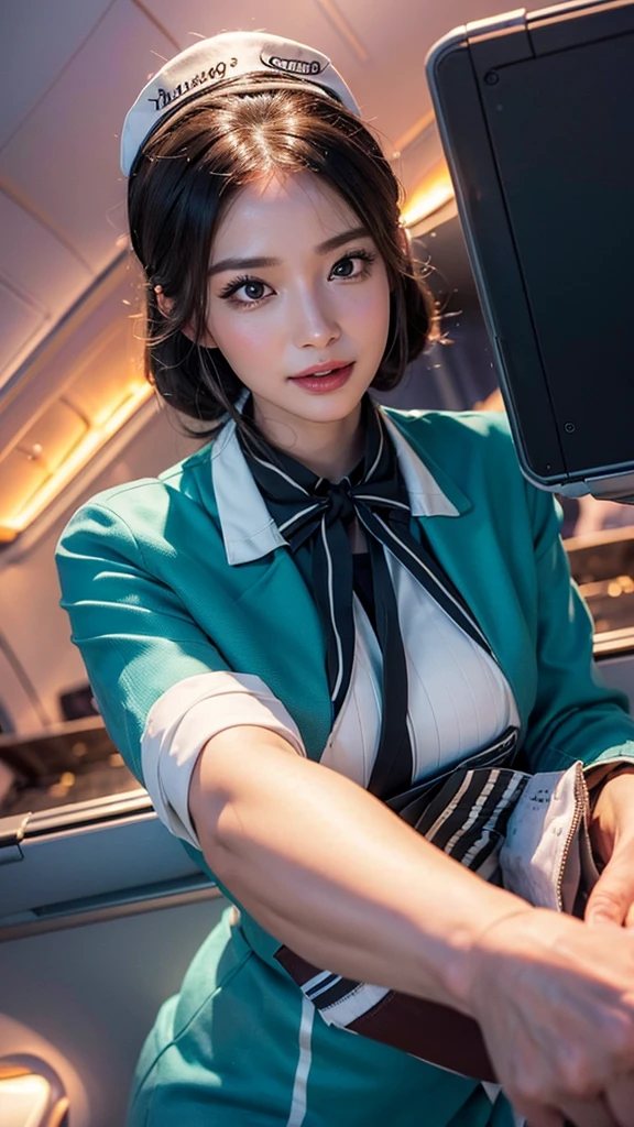 (((32k))), RAW Photos , (Highest quality, detailed:1.2), Ultra-high resolution, Age 35 , (非常に繊細でdetailed), (非常に複雑なdetailed), masterpiece, Highest quality, (Shiny skin), Clear lines, soft, Perfect body, Big Breasts, Cute Smile, Bambi Face, (flight attendant:1.7),