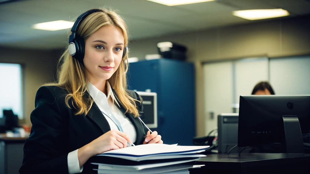 Beautiful blonde with big breasts in a black suit (Holding documents in the office late at night),Wearing headphones,Very detailed, 21 years old, Innocent face, Naturally Wavy Hair, blue eyes, High resolution, masterpiece, Highest quality, Intricate details, Very detailed, Clear focus, Delicate skin, practical skin texture, texture, Delicate eyes, Professional, 4K, Cute Smile, Shot with Canon, 85mm, Shallow and deep,  Kodak Vision Color, Exactly, Very detailed, photograph_\(Extremist\), photographpractical, practical, Post-processing, Maximum details, Roughness, Real Life, Extremist practical, Photorealism, photographgraphy, 8K Ultra HD, photographgraphy