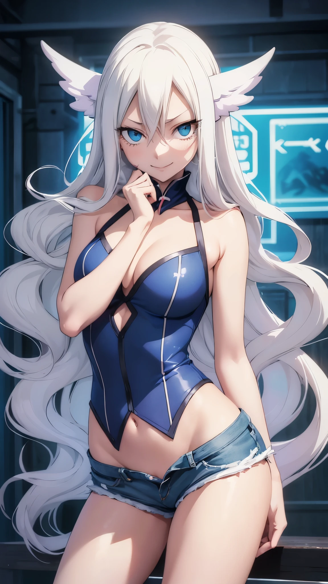 (best quality,highres:1.2),ultra-detailed,realistic,photorealistic:1.37,a beautiful girl (Mavis Vermillion from Fairy Tail) model in the image of a charming sexy Succubus with small tail,,long legs,medium breasts,extremely detailed face (with emphasis on azure eyes and she smile),Her white-colored hair falls to her shoulders.She is dressed in short blue denim shorts and a very short top (very shabby and torn in places),bent down, lifting her ass to the top,more sexy pose,illustration,colorful pop up art style,dynamic lighting,neon colors.Nsfw
