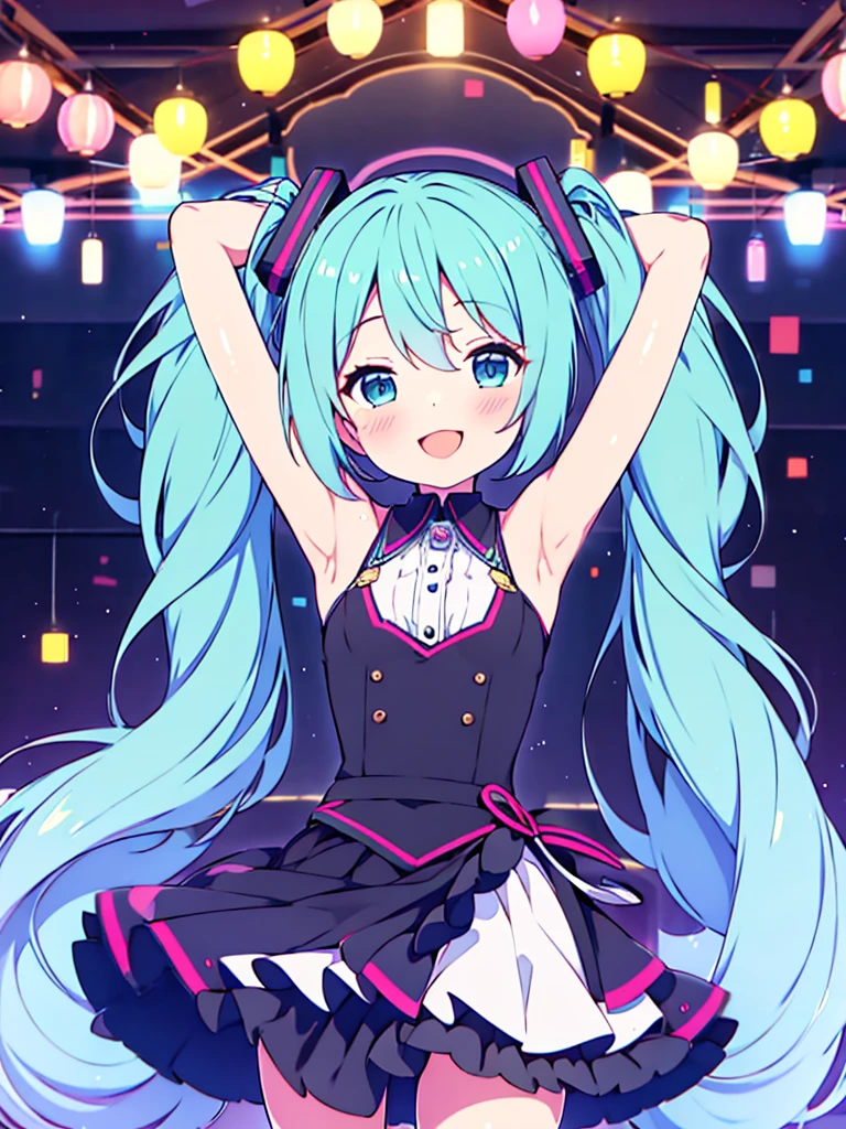Vtuber Beautiful great quality 8k very detailed perfect anatomy a girl dressed in black and white dancing on a stage, holoviva, Live2D Virtual Youtuber Model, mikudayo, my dress anime darling, dancing in the background, anime moe art style, pose(Arms up + happy), rena noun style 3/4, Game inspired by Gacha Club, Hatsune Miku, night