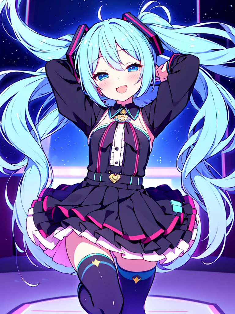 Vtuber Beautiful great quality 8k very detailed perfect anatomy a girl dressed in black and white dancing on a stage, holoviva, Live2D Virtual Youtuber Model, mikudayo, my dress anime darling, dancing in the background, anime moe art style, pose(Arms up + happy), rena noun style 3/4, Game inspired by Gacha Club, Hatsune Miku, night